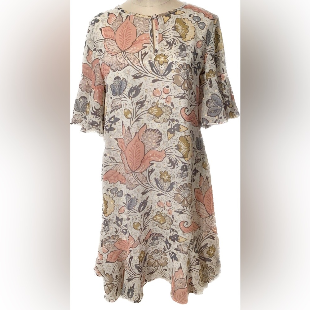 Ann Taylor Loft Size S Shift Dress White Peach Metallic Detail Ruffles
